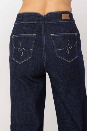 Judy Blue High Waist Dark Rinse Geometric Waistband & Pocket Embroidery Wide Leg Jeans