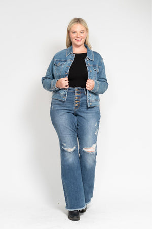 Judy Blue Mid Rise Button Fly Flare with Destroy Fray Hem