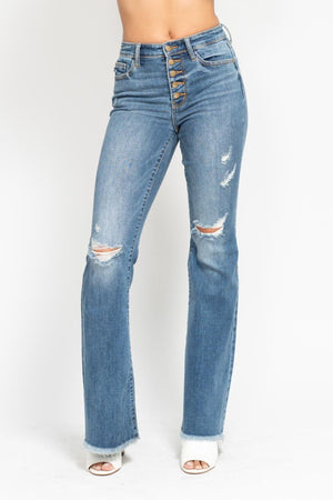 Judy Blue Mid Rise Button Fly Flare with Destroy Fray Hem