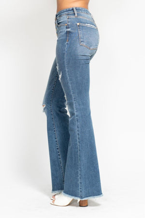 Judy Blue Mid Rise Button Fly Flare with Destroy Fray Hem