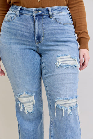 Judy Blue Mid Rise Patch Distressed 90's Straight Leg Raw Hem Jeans