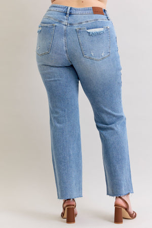 Judy Blue Mid Rise Patch Distressed 90's Straight Leg Raw Hem Jeans