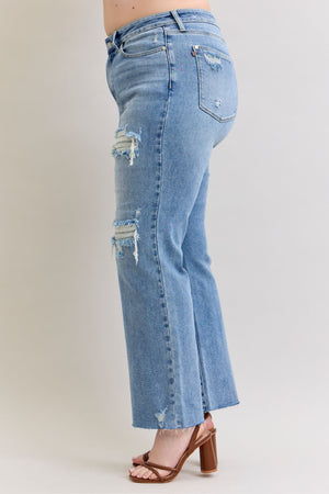 Judy Blue Mid Rise Patch Distressed 90's Straight Leg Raw Hem Jeans