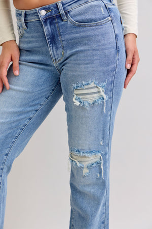 Judy Blue Mid Rise Patch Distressed 90's Straight Leg Raw Hem Jeans