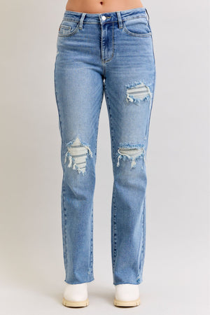 Judy Blue Mid Rise Patch Distressed 90's Straight Leg Raw Hem Jeans
