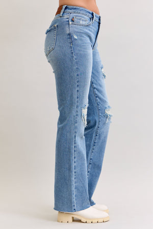 Judy Blue Mid Rise Patch Distressed 90's Straight Leg Raw Hem Jeans