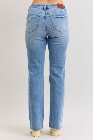 Judy Blue Mid Rise Patch Distressed 90's Straight Leg Raw Hem Jeans