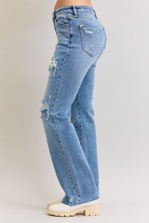 Judy Blue Mid Rise Patch Distressed 90's Straight Leg Raw Hem Jeans