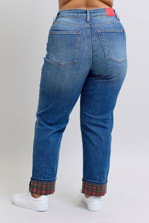 Judy Blue Mid Rise Plaid Tidings Cuffed Boyfriend Jeans