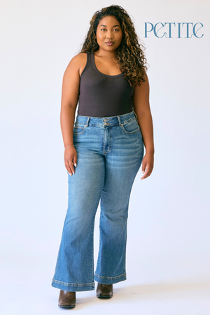 Judy Blue High Waist Tummy Control Petite Flare Double Button Waist Band Jeans