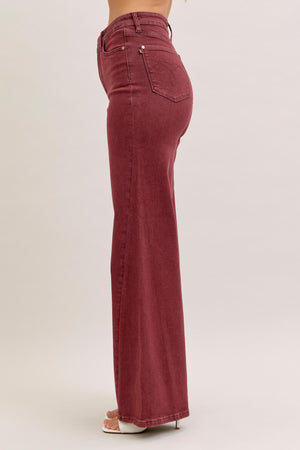 Judy Blue High Waist Retro Wide Leg with Twisted Seams Burgundy