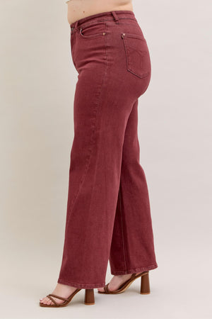 Judy Blue High Waist Retro Wide Leg with Twisted Seams Burgundy