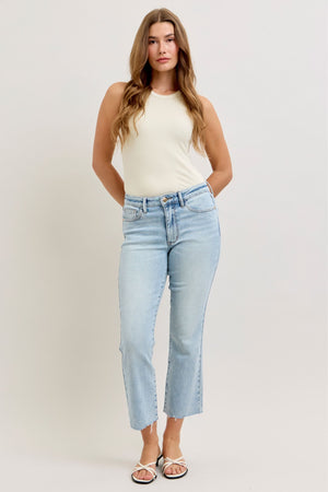 Judy Blue Mid Rise Kick Flare Raw Hem Cropped Jeans