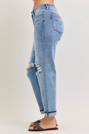 Judy Blue Mid Rise Distressed Boyfriend Jeans with Cuff