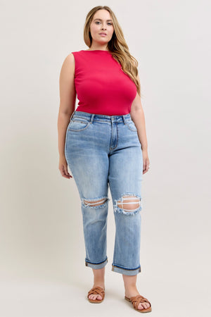 Judy Blue Mid Rise Distressed Boyfriend Jeans with Cuff