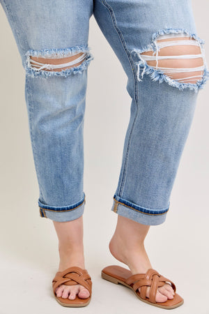 Judy Blue Mid Rise Distressed Boyfriend Jeans with Cuff