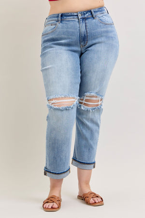 Judy Blue Mid Rise Distressed Boyfriend Jeans with Cuff