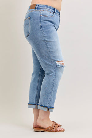 Judy Blue Mid Rise Distressed Boyfriend Jeans with Cuff