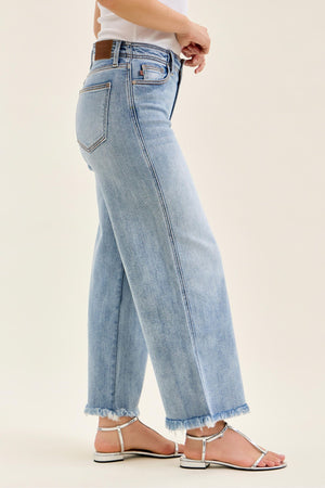 Judy Blue Mid Rise Ankle Wide Leg Hollywood Waistband Fray Hem Jeans