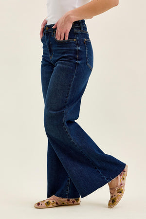 Judy Blue High Waist PETITE Retro Wide Leg with Adjustable Tab Waistband & Raw Hem Jeans