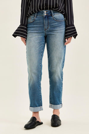 Judy Blue Mid Rise Cool Denim with Cross Back Belt Loop Boyfriend Jeans