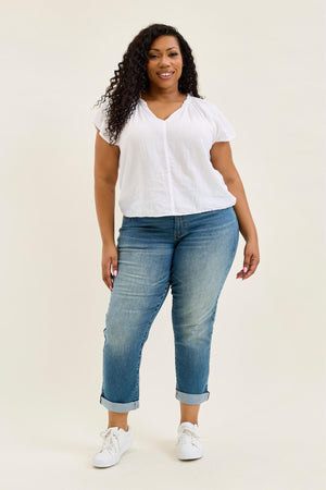 Judy Blue Mid Rise Cool Denim with Cross Back Belt Loop Boyfriend Jeans