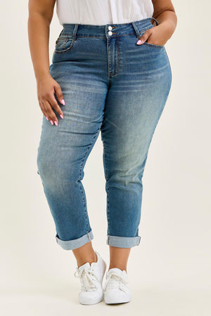 Judy Blue Mid Rise Cool Denim with Cross Back Belt Loop Boyfriend Jeans