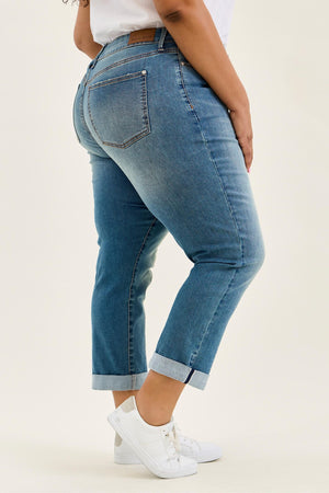 Judy Blue Mid Rise Cool Denim with Cross Back Belt Loop Boyfriend Jeans