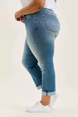 Judy Blue Mid Rise Cool Denim with Cross Back Belt Loop Boyfriend Jeans
