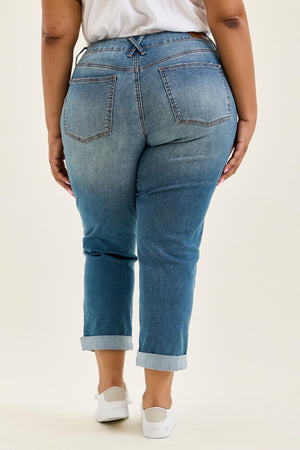 Judy Blue Mid Rise Cool Denim with Cross Back Belt Loop Boyfriend Jeans