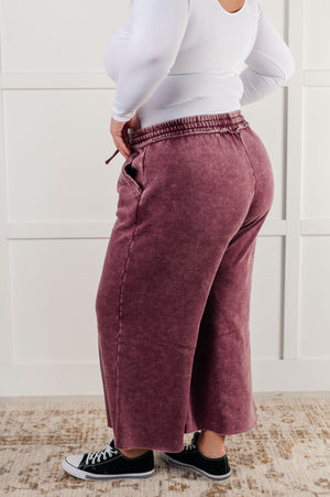 Zenana Wide Leg Mineral Wash Cropped Palazzo Pants in Eggplant