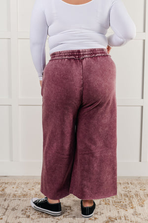Zenana Wide Leg Mineral Wash Cropped Palazzo Pants in Eggplant