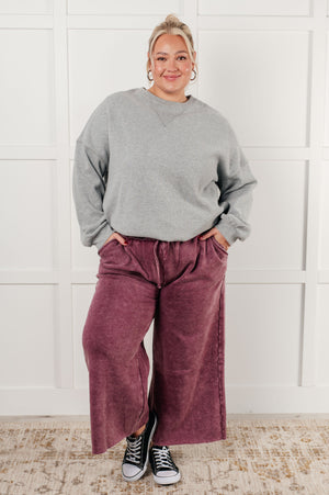 Zenana Wide Leg Mineral Wash Cropped Palazzo Pants in Eggplant