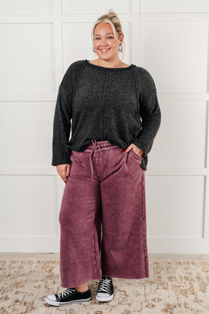 Zenana Wide Leg Mineral Wash Cropped Palazzo Pants in Eggplant