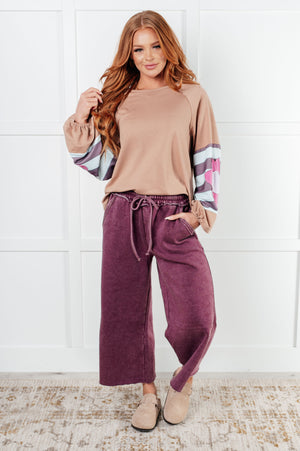 Zenana Wide Leg Mineral Wash Cropped Palazzo Pants in Eggplant