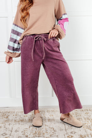Zenana Wide Leg Mineral Wash Cropped Palazzo Pants in Eggplant
