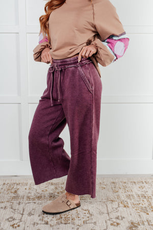 Zenana Wide Leg Mineral Wash Cropped Palazzo Pants in Eggplant