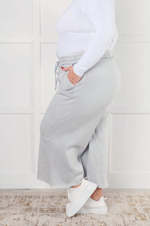 Zenana Wide Leg Mineral Wash Cropped Palazzo Pants in Light Grey