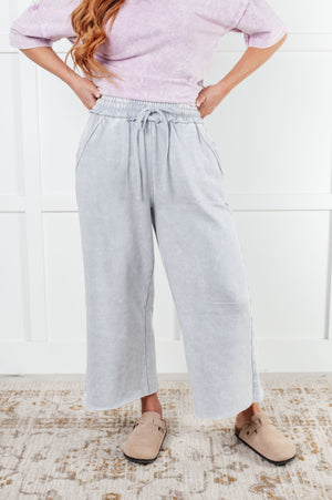 Zenana Wide Leg Mineral Wash Cropped Palazzo Pants in Light Grey