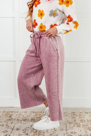 Zenana Wide Leg Mineral Wash Cropped Palazzo Pants in Light Rose