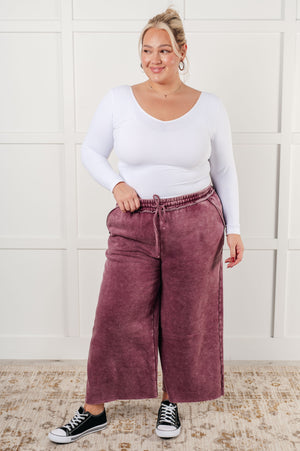 Zenana Wide Leg Mineral Wash Cropped Palazzo Pants in Eggplant