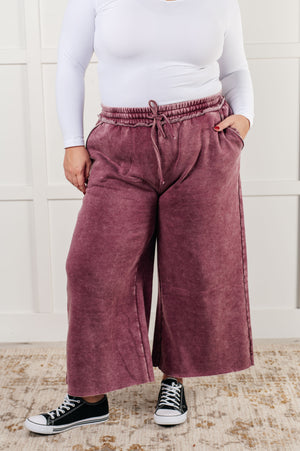 Zenana Wide Leg Mineral Wash Cropped Palazzo Pants in Eggplant