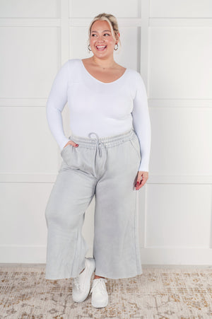 Zenana Wide Leg Mineral Wash Cropped Palazzo Pants in Light Grey