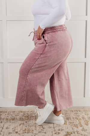 Zenana Wide Leg Mineral Wash Cropped Palazzo Pants in Light Rose