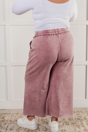 Zenana Wide Leg Mineral Wash Cropped Palazzo Pants in Light Rose