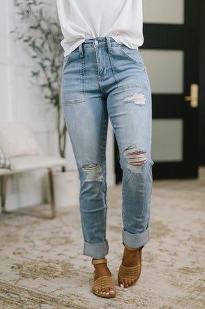 Judy Blue High Waist Patch Pocket Distressed Boyfriend Jeans
