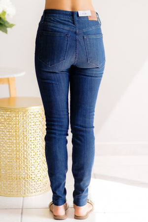 Judy Blue Mid Rise Adjustable Double Button Waist Raw Hem Skinny Jeans