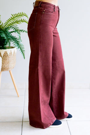 Judy Blue High Waist Retro Wide Leg with Twisted Seams Burgundy