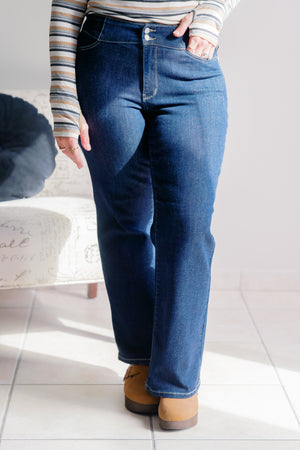 Judy Blue High Waist Dark Rinse Geometric Waistband & Pocket Embroidery Wide Leg Jeans