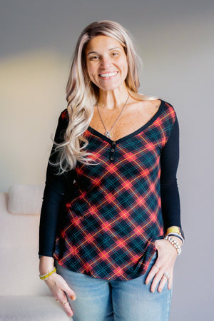 Crimson Cabin Plaid V-Neck Top